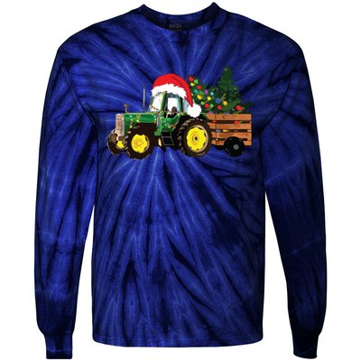 Christmas Farm Tractor Christmas Tree Lights Santa Farmer Tie-Dye Long Sleeve Shirt