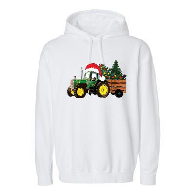 Christmas Farm Tractor Christmas Tree Lights Santa Farmer Garment-Dyed Fleece Hoodie