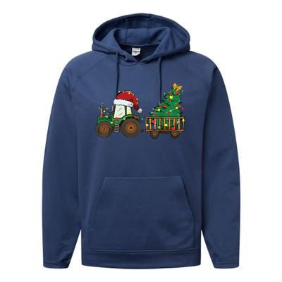 Christmas Farm Tractor Xmas Tree Lights Santa Hat Farmer Performance Fleece Hoodie