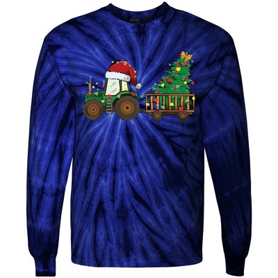 Christmas Farm Tractor Xmas Tree Lights Santa Hat Farmer Tie-Dye Long Sleeve Shirt