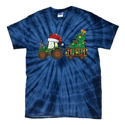 Christmas Farm Tractor Xmas Tree Lights Santa Hat Farmer Tie-Dye T-Shirt