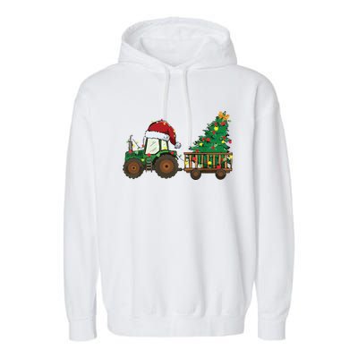 Christmas Farm Tractor Xmas Tree Lights Santa Hat Farmer Garment-Dyed Fleece Hoodie