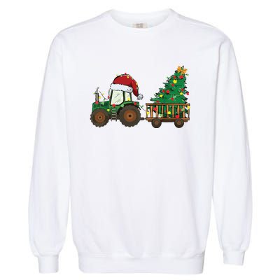 Christmas Farm Tractor Xmas Tree Lights Santa Hat Farmer Garment-Dyed Sweatshirt