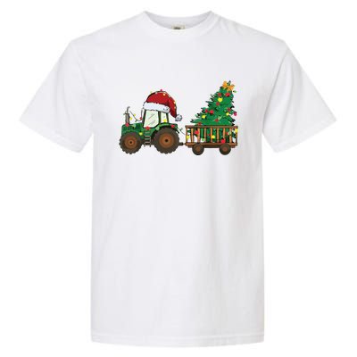 Christmas Farm Tractor Xmas Tree Lights Santa Hat Farmer Garment-Dyed Heavyweight T-Shirt