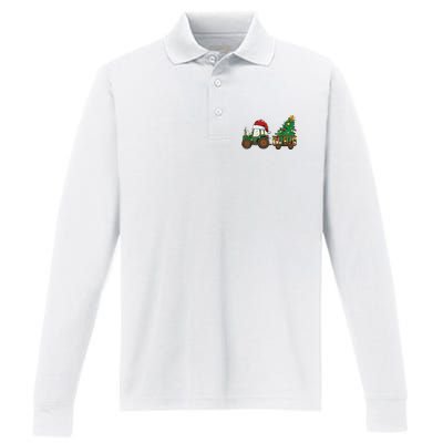 Christmas Farm Tractor Xmas Tree Lights Santa Hat Farmer Performance Long Sleeve Polo