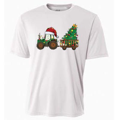 Christmas Farm Tractor Xmas Tree Lights Santa Hat Farmer Cooling Performance Crew T-Shirt