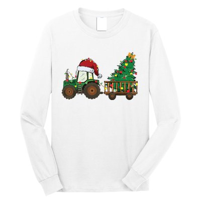 Christmas Farm Tractor Xmas Tree Lights Santa Hat Farmer Long Sleeve Shirt