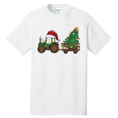 Christmas Farm Tractor Xmas Tree Lights Santa Hat Farmer Tall T-Shirt