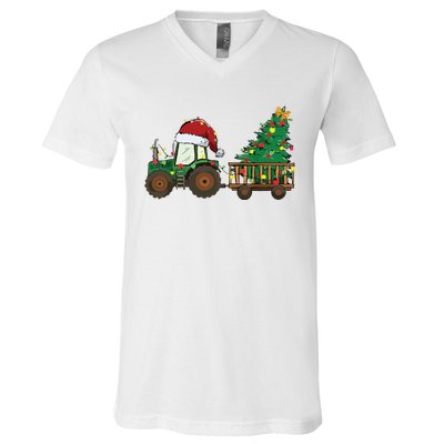 Christmas Farm Tractor Xmas Tree Lights Santa Hat Farmer V-Neck T-Shirt