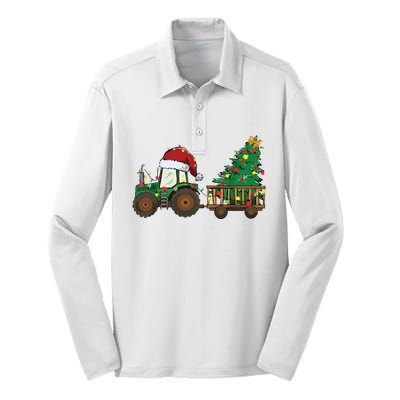 Christmas Farm Tractor Xmas Tree Lights Santa Hat Farmer Silk Touch Performance Long Sleeve Polo