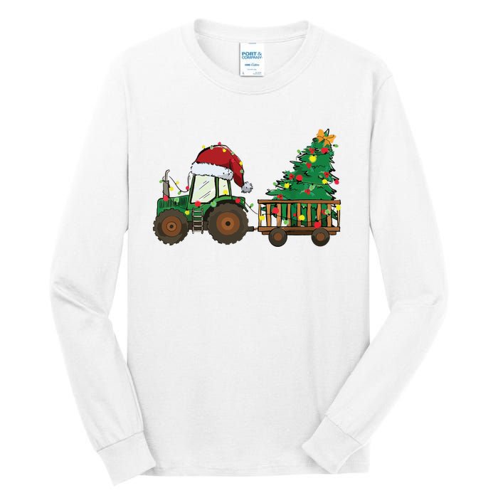 Christmas Farm Tractor Xmas Tree Lights Santa Hat Farmer Tall Long Sleeve T-Shirt