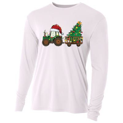 Christmas Farm Tractor Xmas Tree Lights Santa Hat Farmer Cooling Performance Long Sleeve Crew