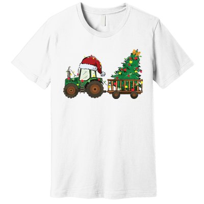 Christmas Farm Tractor Xmas Tree Lights Santa Hat Farmer Premium T-Shirt