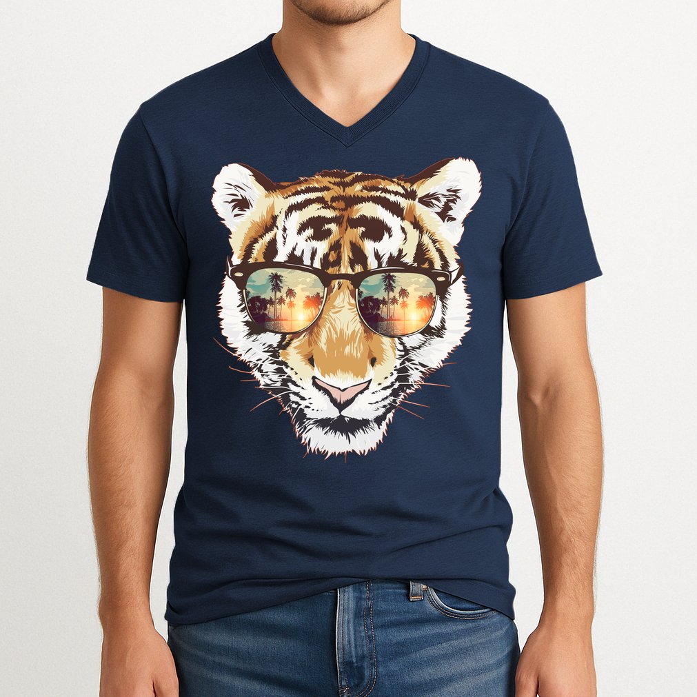 Cool Funny Tiger Tropical Sunglasses V-Neck T-Shirt