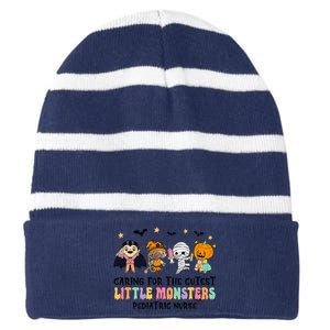 Caring For The Little Monsters Pediatric Nurse Halloween Striped Beanie with Solid Band