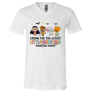 Caring For The Little Monsters Pediatric Nurse Halloween V-Neck T-Shirt