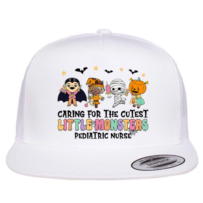 Caring For The Little Monsters Pediatric Nurse Halloween Flat Bill Trucker Hat