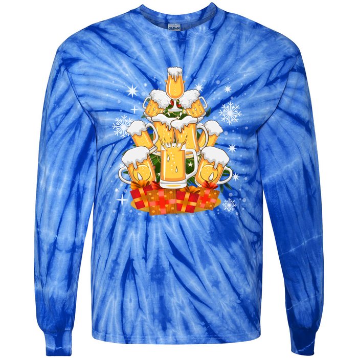 Christmas Fir Tree With Beer Ugly Xmas Beer Gift Tie-Dye Long Sleeve Shirt