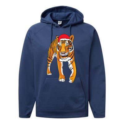 Christmas Funny Tiger Santa Hat Xmas Pajama For Performance Fleece Hoodie