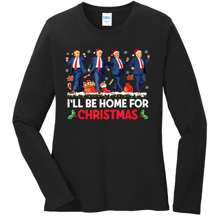 Christmas Funny Trump Ill Be Home For Xmas Santa Pajamas Gift Ladies Long Sleeve Shirt