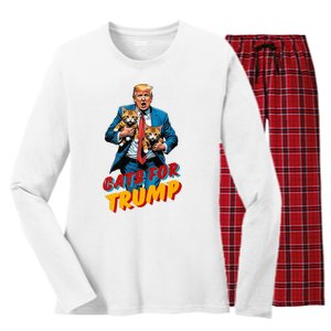 Cats For Trump 2024 Election Funny Trump Cats Lover Women's Long Sleeve Flannel Pajama Set 