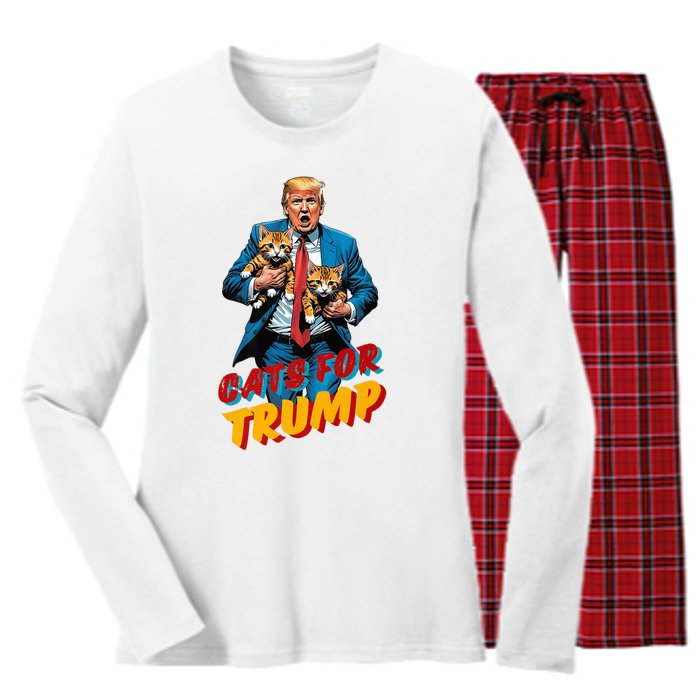 Cats For Trump 2024 Election Funny Trump Cats Lover Women's Long Sleeve Flannel Pajama Set 