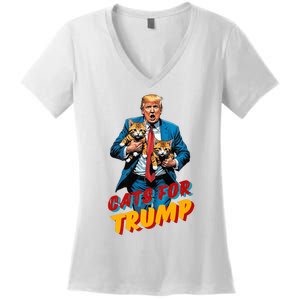 Cats For Trump 2024 Election Funny Trump Cats Lover Women's V-Neck T-Shirt