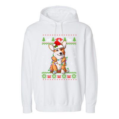 Cute Funny Ugly Christmas Corgi Dog Xmas Lights Gift Garment-Dyed Fleece Hoodie