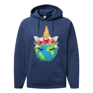 Cute Floral Unicorn Earth Global Save Our Planet Earth Day Gift Performance Fleece Hoodie