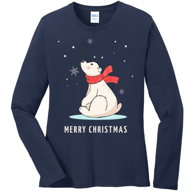 Cute Funny & Unique Christmas Polar Bear & Snow Gift Ladies Long Sleeve Shirt