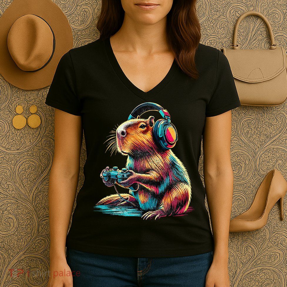 Capybara Funny Video Games Capybara Women's V-Neck T-Shirt