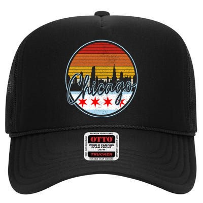 Chicago Flag Vintage Retro Skyline Pride High Crown Mesh Back Trucker Hat