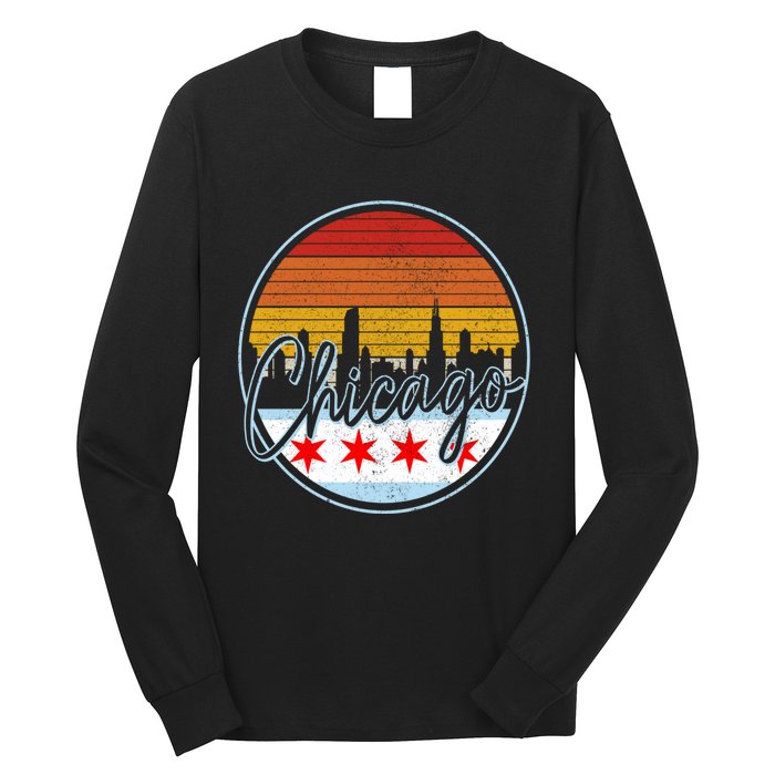 Chicago Flag Vintage Retro Skyline Pride Long Sleeve Shirt