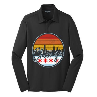 Chicago Flag Vintage Retro Skyline Pride Silk Touch Performance Long Sleeve Polo