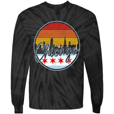 Chicago Flag Vintage Retro Skyline Pride Tie-Dye Long Sleeve Shirt