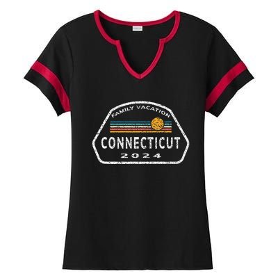 Connecticut Family Vacation 2024 Fun Retro Sunset Ladies Halftime Notch Neck Tee