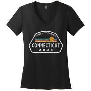 Connecticut Family Vacation 2024 Fun Retro Sunset Women's V-Neck T-Shirt