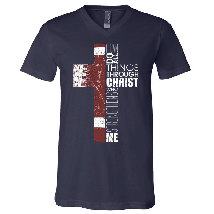 Christian Football Verse I Can Do All Things Through Christ V-Neck T-Shirt