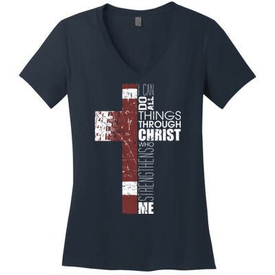 Christian Football Verse I Can Do All Things Through Christ Women's V-Neck T-Shirt