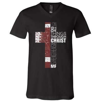 Christian Football Verse I Can Do All Things Through Christ V-Neck T-Shirt