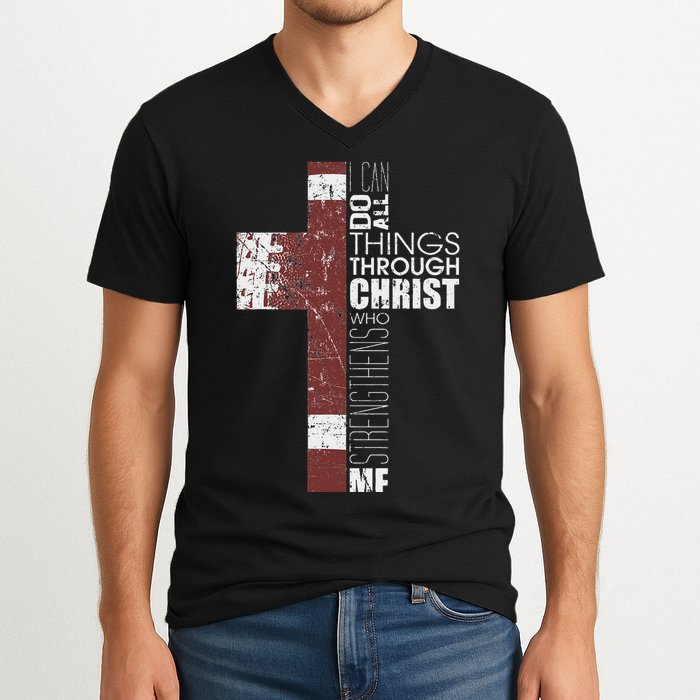Christian Football Verse I Can Do All Things Through Christ V-Neck T-Shirt