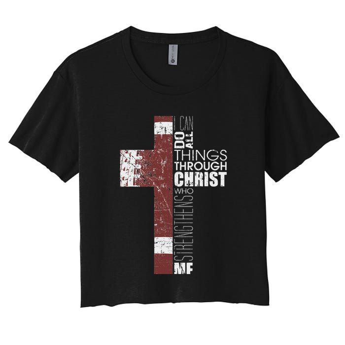 Christian Football Verse I Can Do All Things Through Christ Women's Crop Top Tee