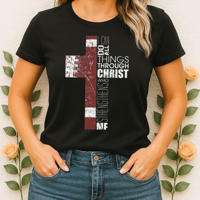 Christian Football Verse I Can Do All Things Through Christ Womens T-Shirt