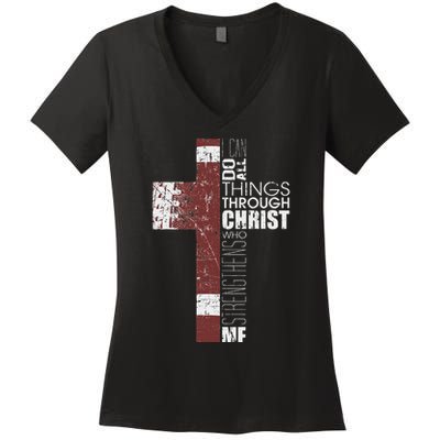 Christian Football Verse I Can Do All Things Through Christ Women's V-Neck T-Shirt