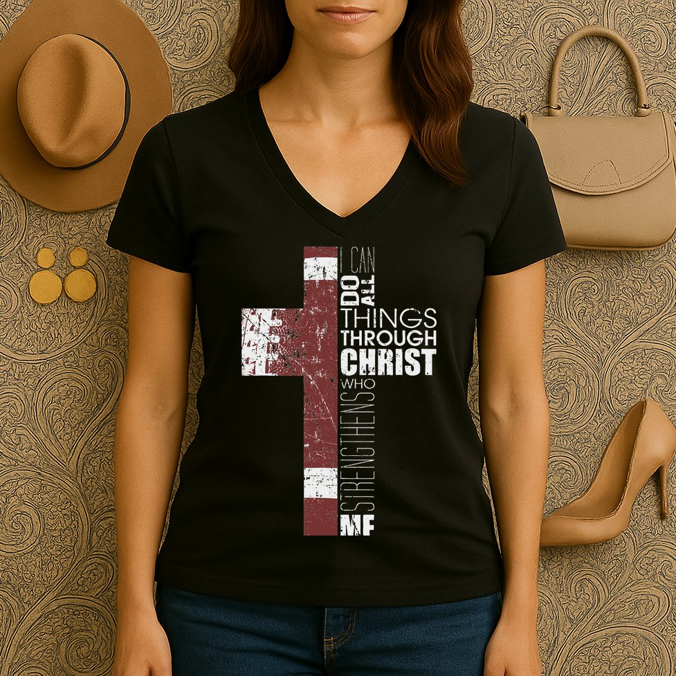 Christian Football Verse I Can Do All Things Through Christ Women's V-Neck T-Shirt
