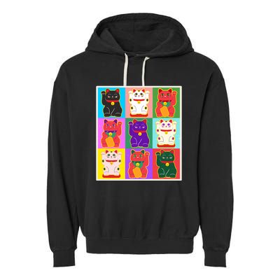 Cool Funny Vintage Japanese Lucky Cat Maneki Neko Pop Art Garment-Dyed Fleece Hoodie
