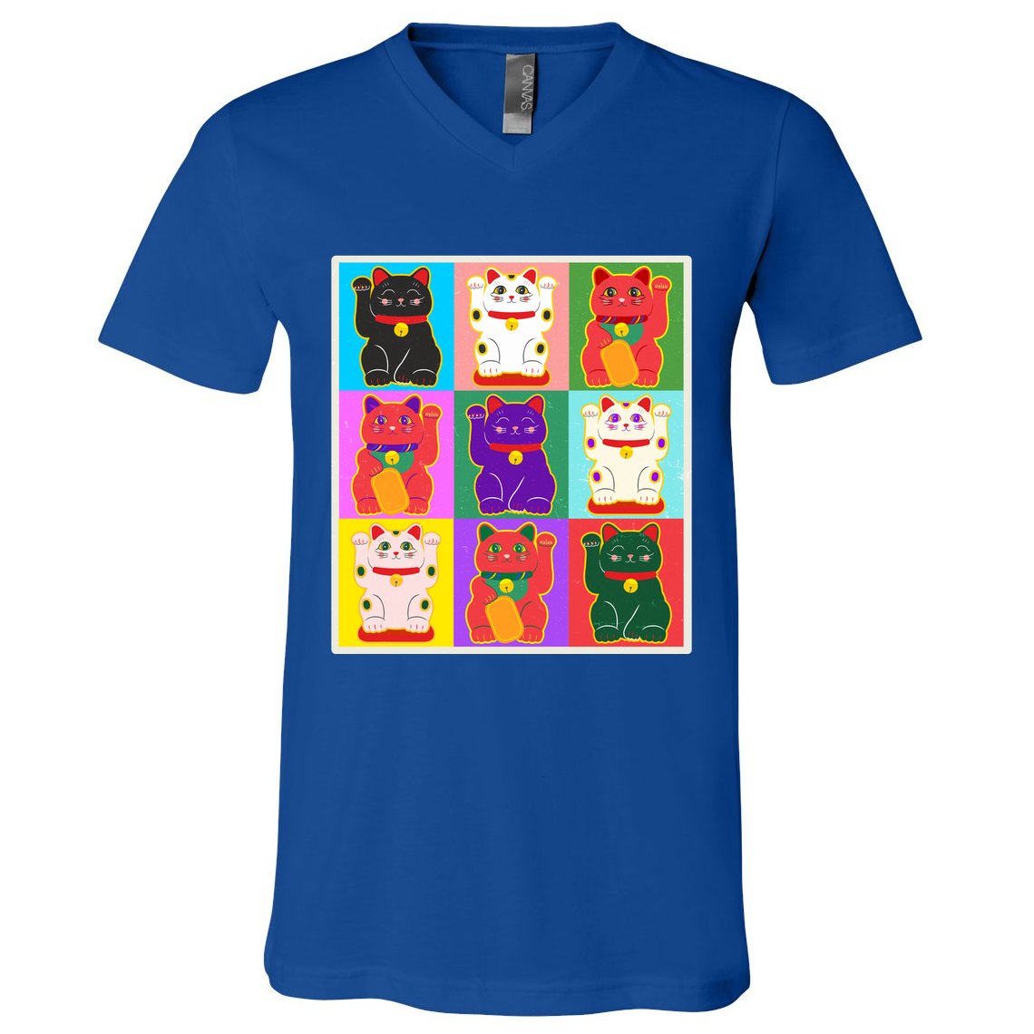 Cool Funny Vintage Japanese Lucky Cat Maneki Neko Pop Art V-Neck T-Shirt