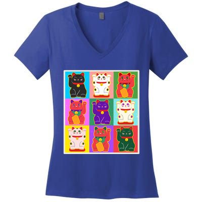Cool Funny Vintage Japanese Lucky Cat Maneki Neko Pop Art Women's V-Neck T-Shirt