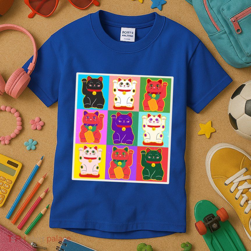 Cool Funny Vintage Japanese Lucky Cat Maneki Neko Pop Art Kids T-Shirt
