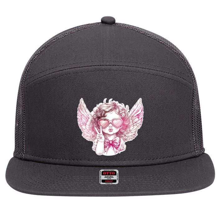 Cute Funny Valentines Day Cupid Peace Sign 7 Panel Mesh Trucker Snapback Hat